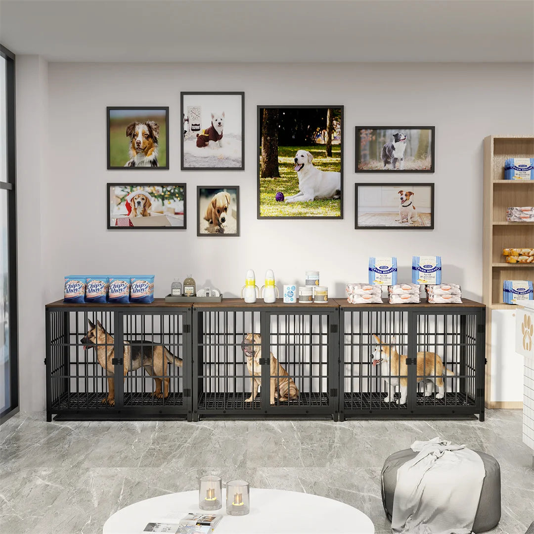 Dog Crate Furniture Style Pet Kennel Wooden End Table with 3 Doors Removable Tray Indoor Cage for Medium Dogs Black 91.5x63.5x74.5cm
