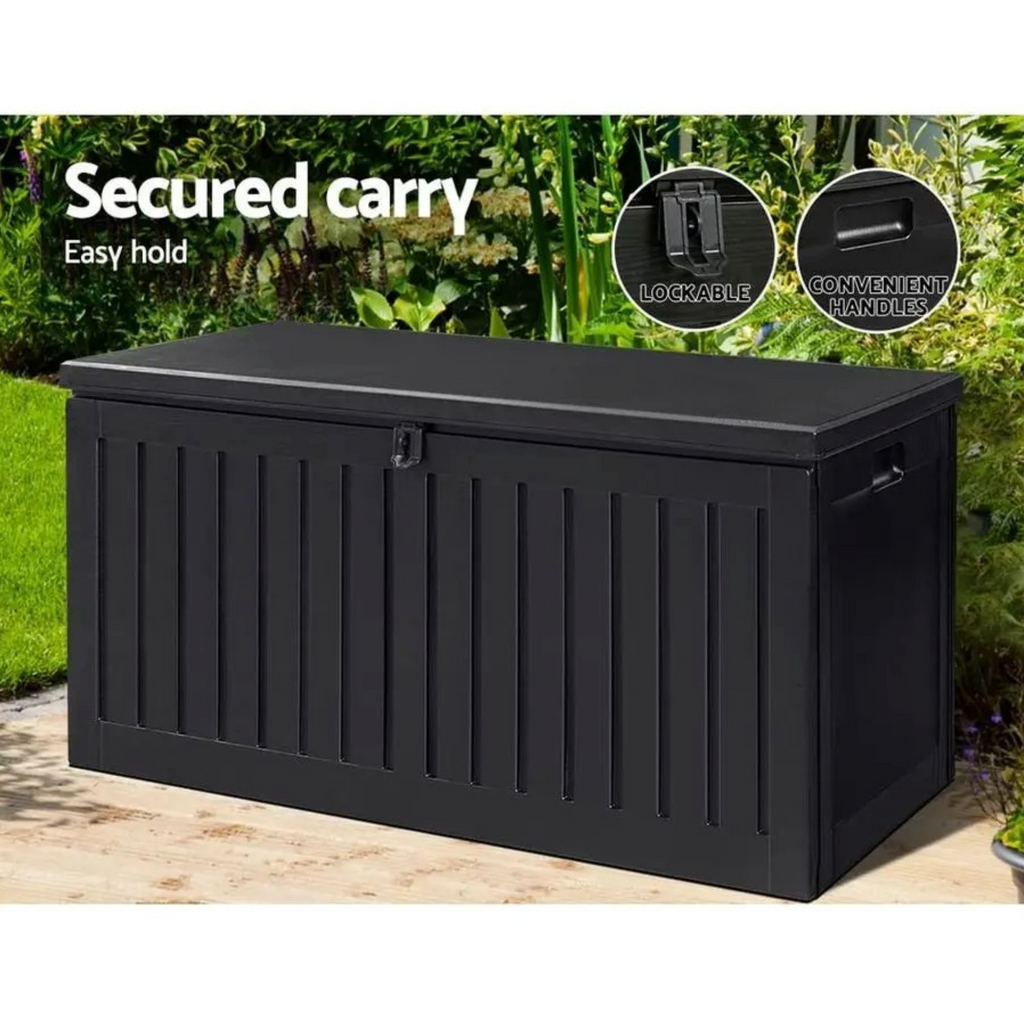 Storage Box Bench 270L Outdoor Lockable Container Large Deck Chest for Tools, Toys, Garden Supplies, and Seating Black 109x51x55cm