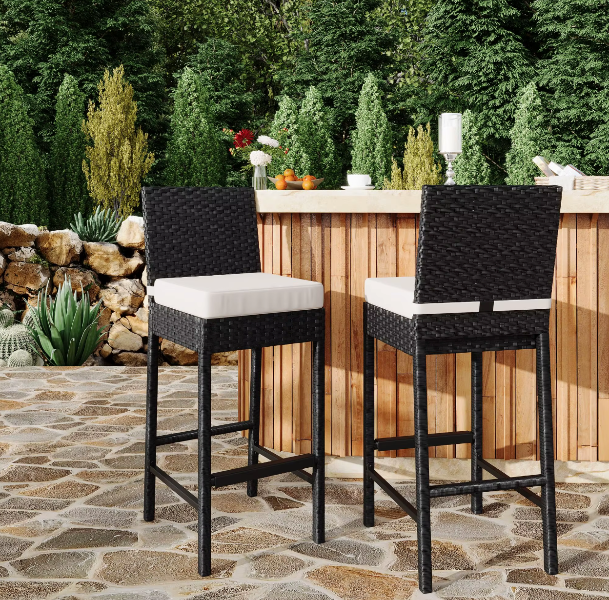 Outdoor Bar Stools Set of 2 Patio Bar Stools Weather-resistant Armless With Seat Cushions Black 40x45x103