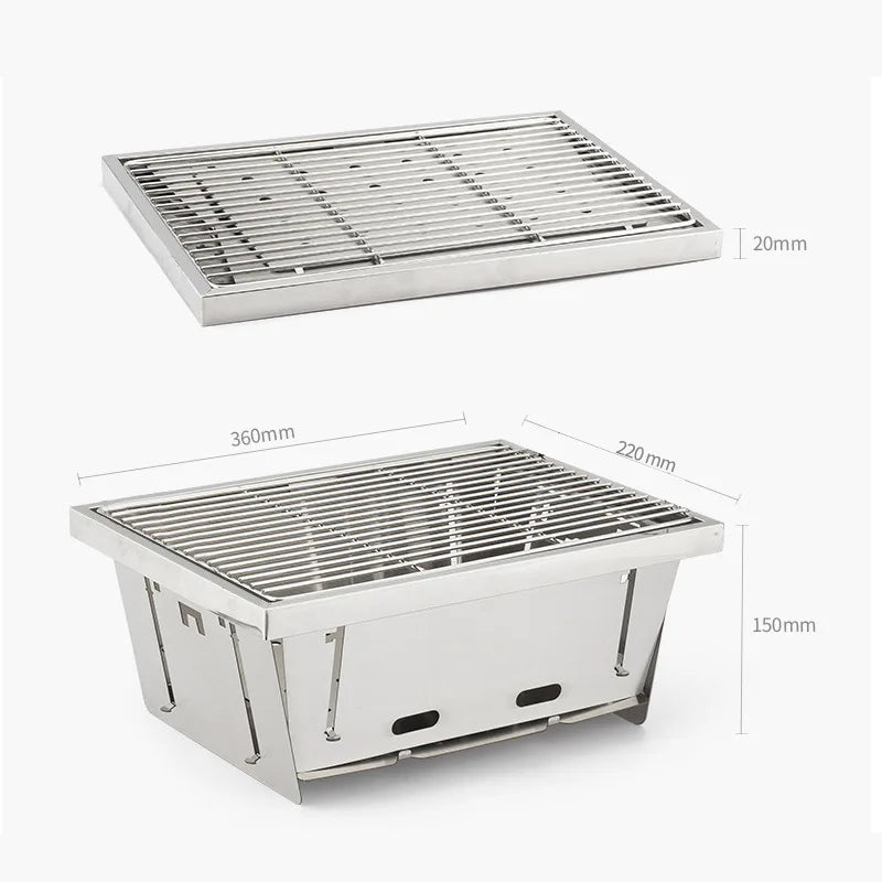 Outdoor BBQ Grill Portable Charcoal BBQ Travel Charcoal Grill Stainless Steel Firewood Barbecue for Camping Silver 36x22x15cm