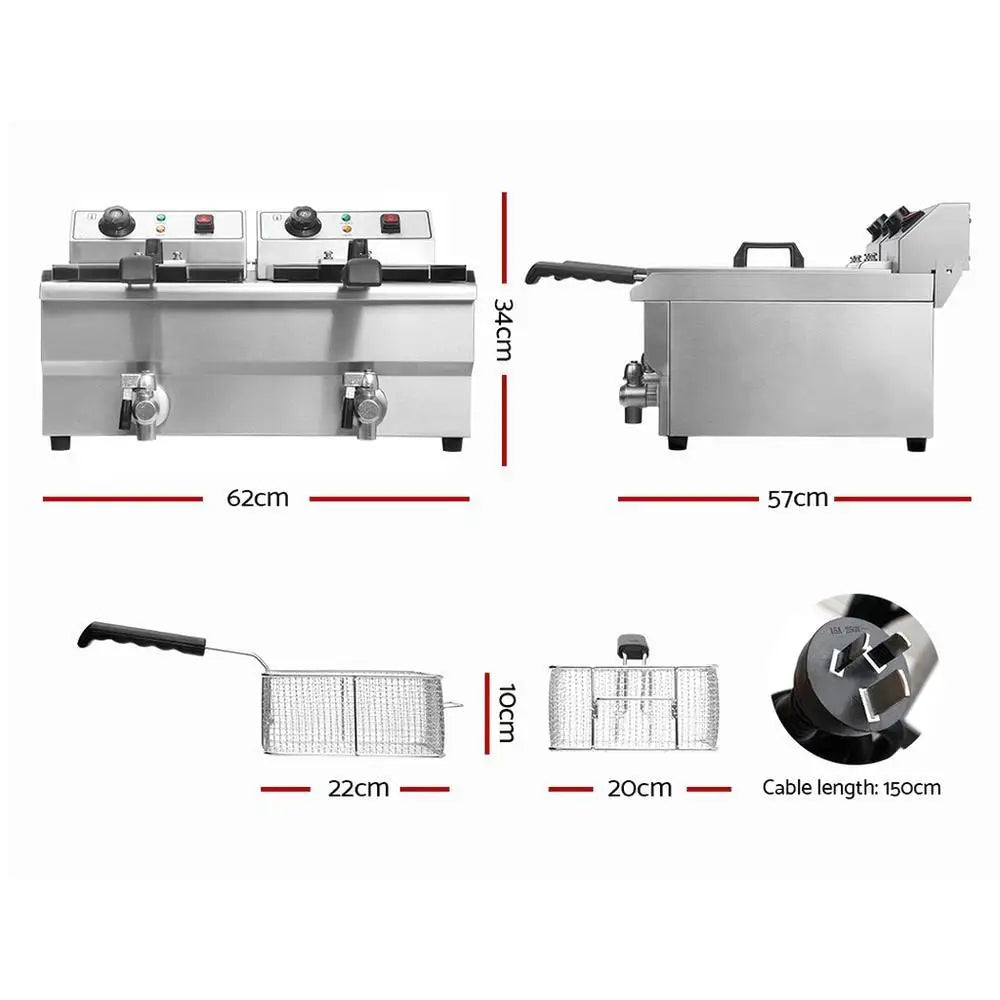 20L Commercial Electric Deep Fryer 6000W Double Basket Stainless Steel Oil Tap Frying Machine Kitchen AU Plug 57×62×34cm