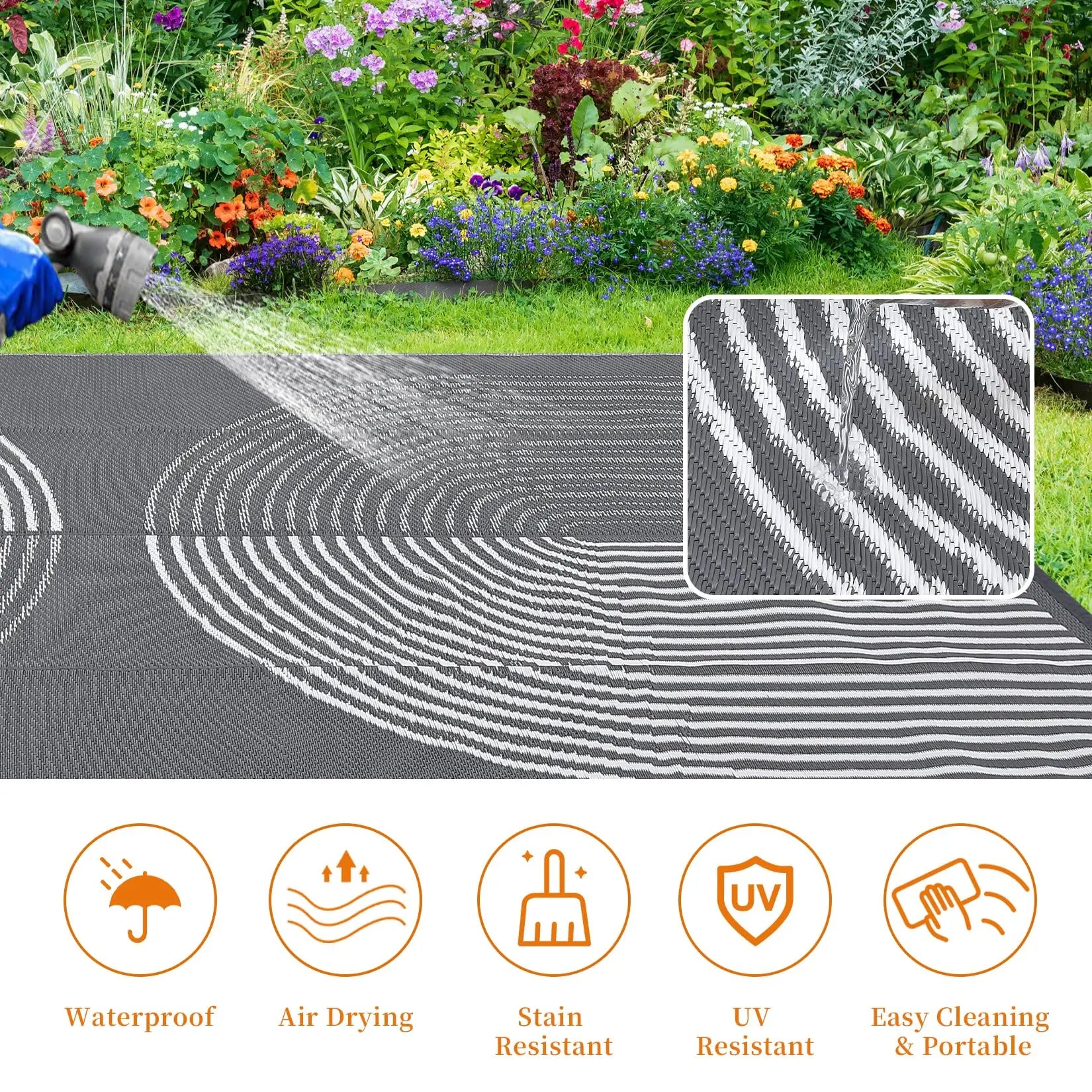 Outdoor Rug 152x244cm Waterproof Reversible Patio Rug Portable Plastic Straw Mat for Camping RV Balcony Picnic Deck Grey white