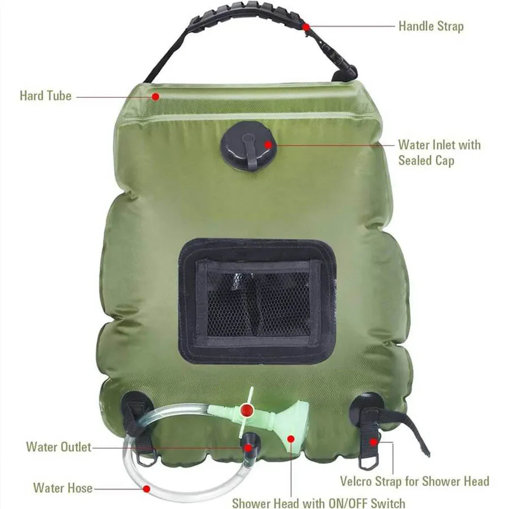 20L Solar Shower Bag Portable Camping Shower with Detachable Hose Shower Head Outdoor Hot Water Equipment Green 50 × 47cm
