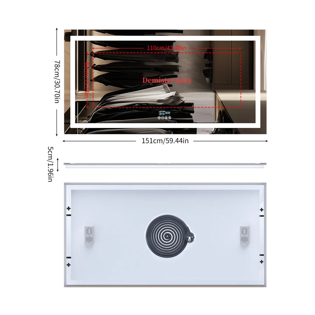 Illuminated LED Bathroom Mirror 151x78cm with Bluetooth Speaker Anti-Fog 3 Color Modes Wall Mounted Vanity Mirror
