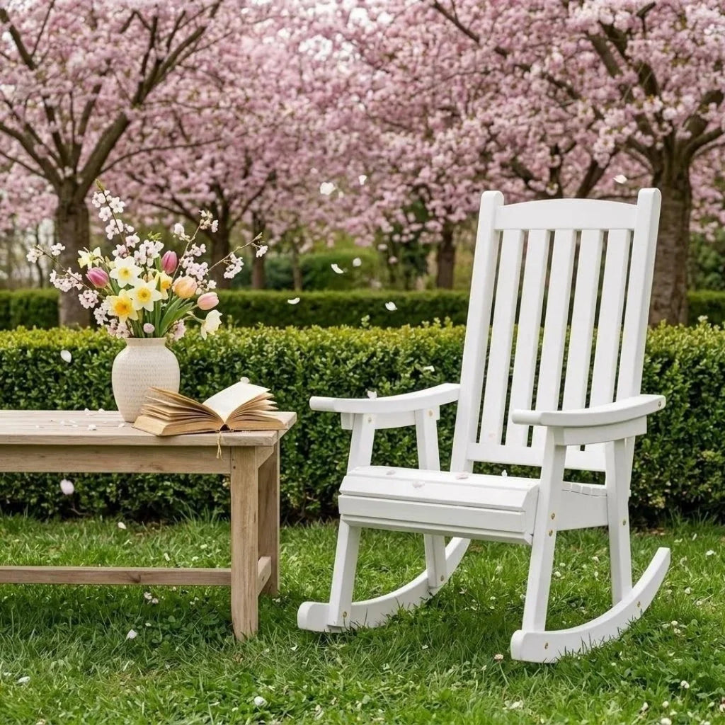 Solid Wood Rocking Chair Outdoor Patio Recliner Weather Resistant Lounge Seating Garden Porch Balcony White 65 × 55 × 100cm