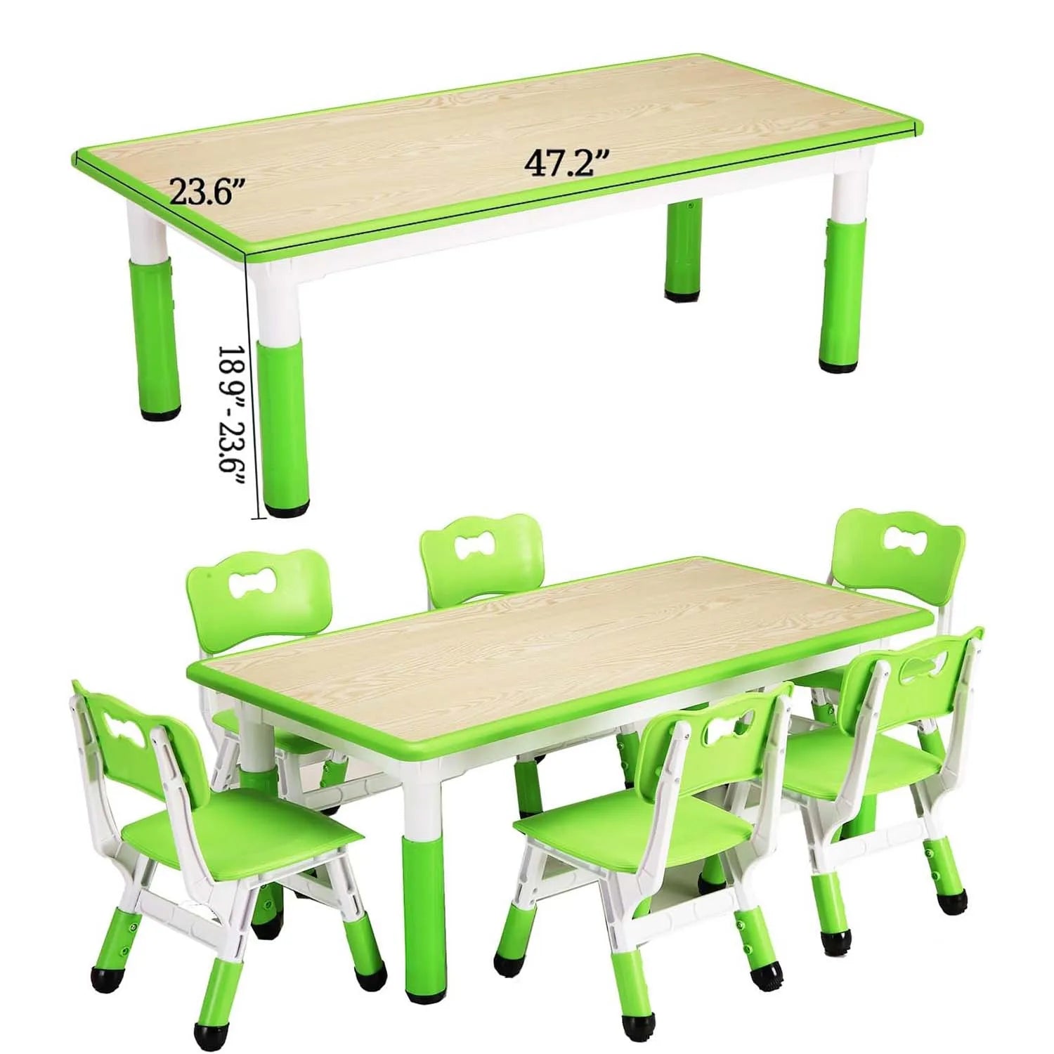 Activity Table and 6 Chairs Set Height Adjustable Study Desk with Graffiti Desktop Non Slip Legs Green 120x60x48-60cm