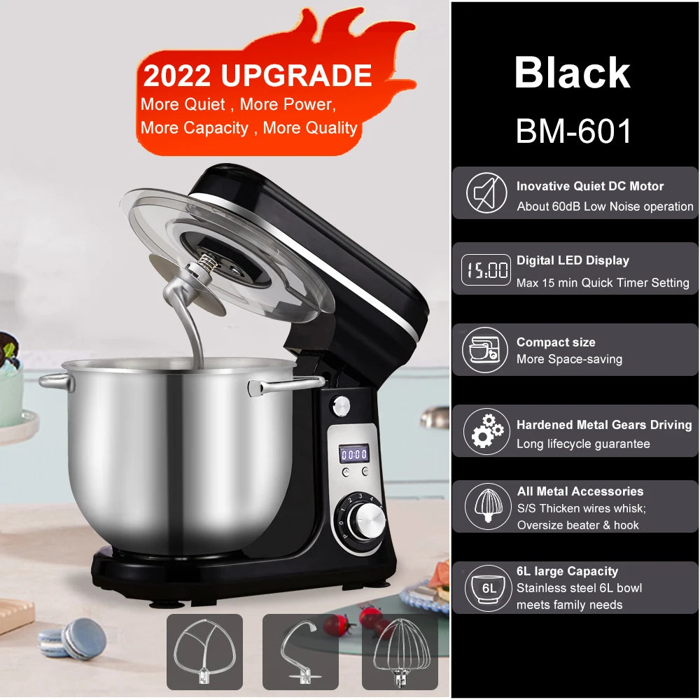 1200W Kitchen Stand Mixer 6L Food Blender Quiet Motor Egg Whisk Dough Kneader 6 Speed Baking Mixer Black BM-601 AU