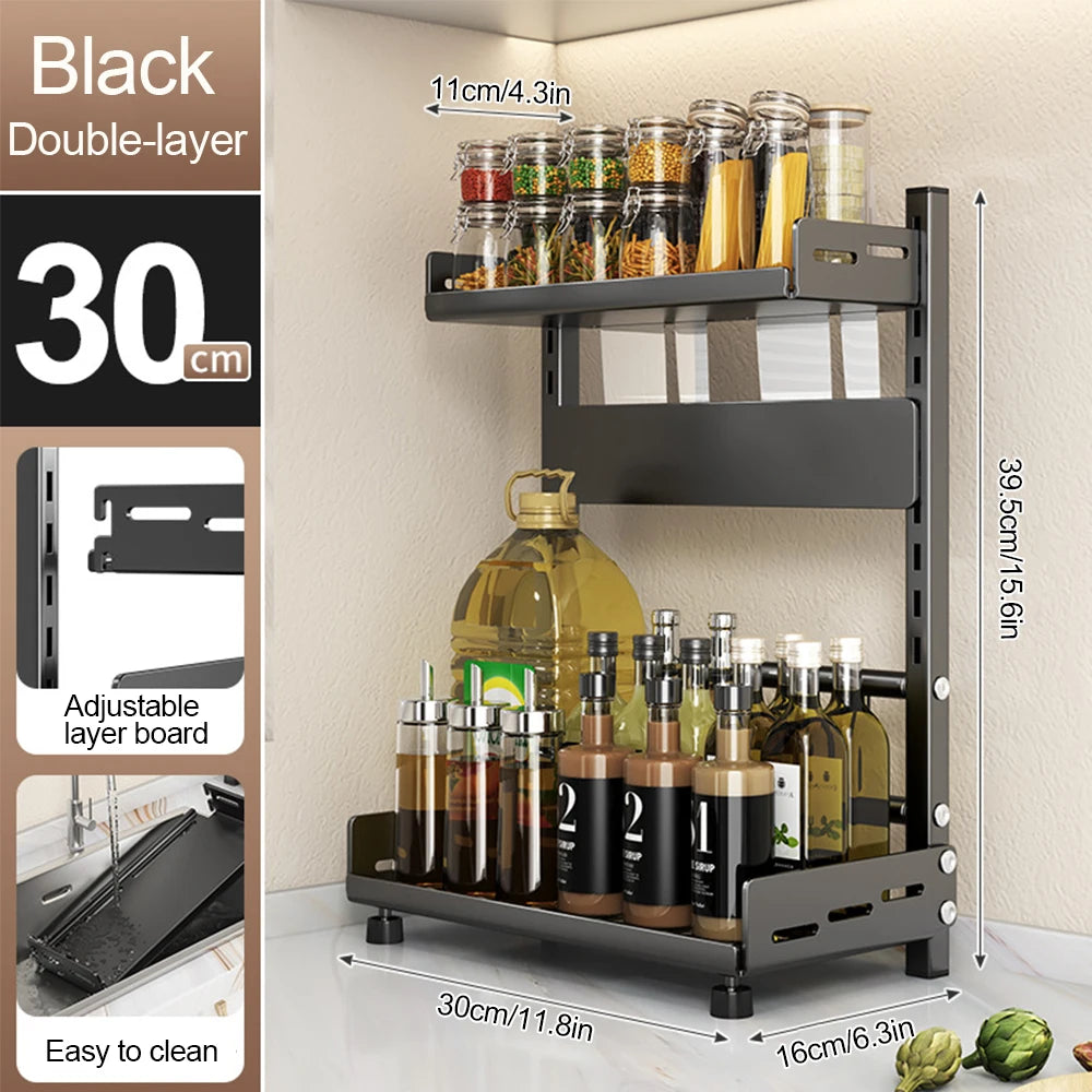 30CM 2 Tier Spice Rack Adjustable Kitchen Countertop Organizer Metal Shelf Cabinet Storage Stand Black 30 × 16 × 39cm