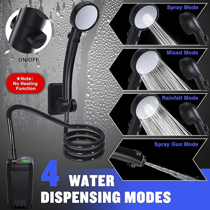 Portable Camping Shower Pump 6000mAh Rechargeable Electric Shower with LED Display Head Outdoor RV Black