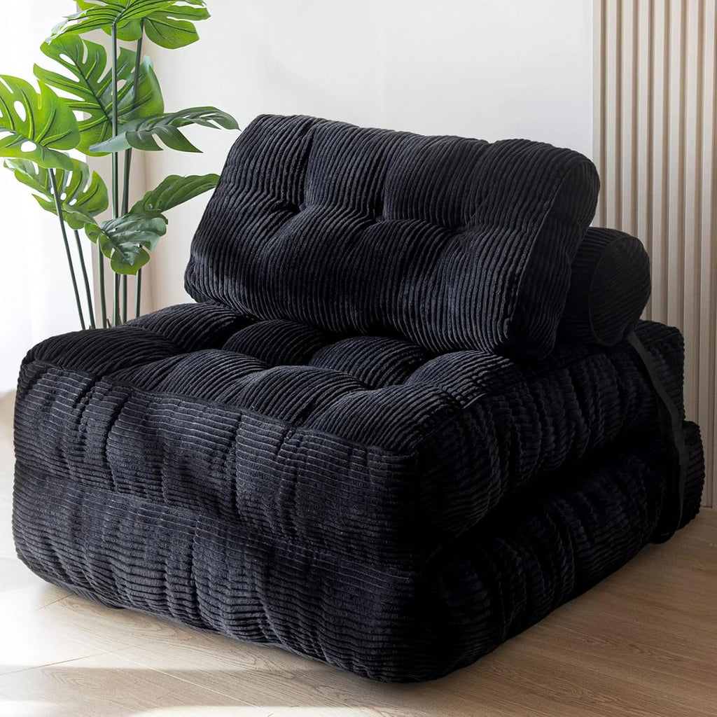 Folding Sofa Bed with Headrest and Lumbar Pillow, Black Fabric 85 x 190 cm Portable Sleeper Chair
