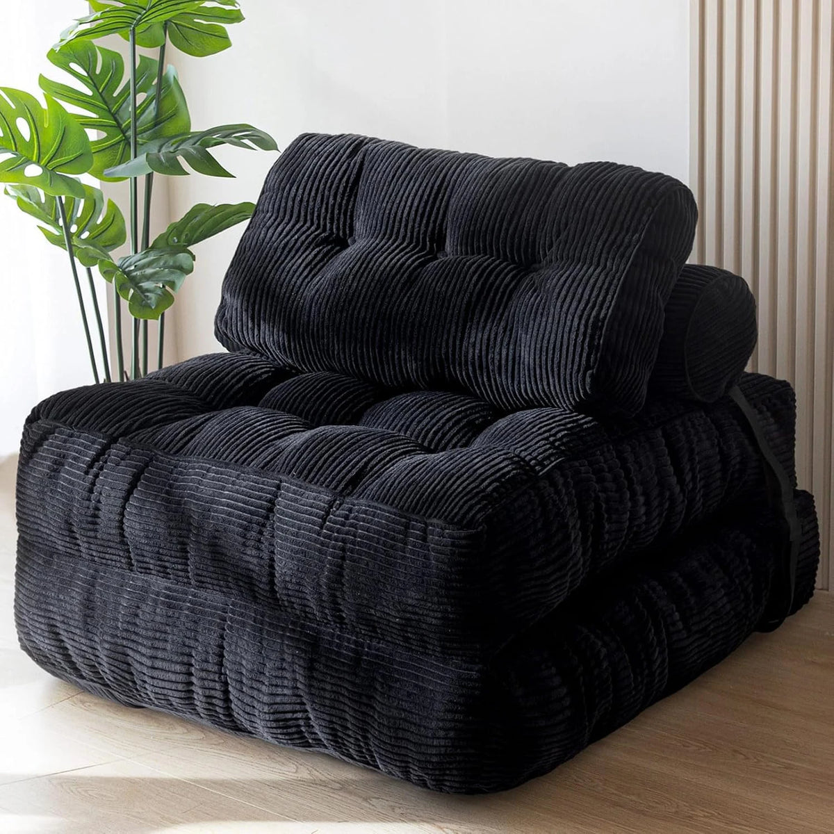 Folding Sofa Bed with Headrest and Lumbar Pillow, Black Fabric 85 x 190 cm Portable Sleeper Chair