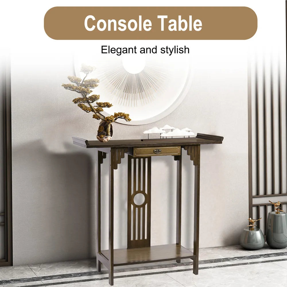 Wood Console Table 81.5x31.2x82.8cm with Drawer and Shelf Brown Entryway Hall Table Living Room