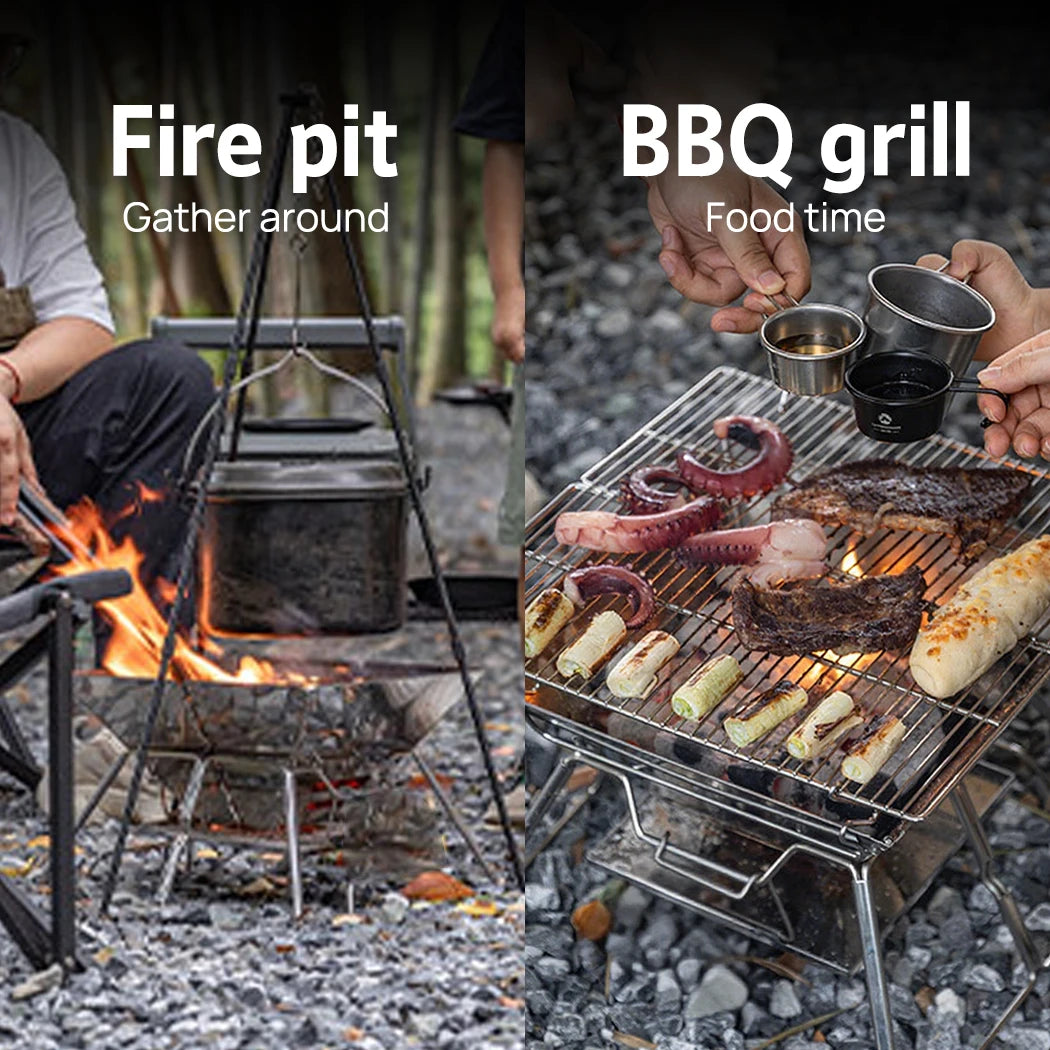Fire Pit BBQ Grill 2-in-1 Portable Stainless Steel Camping Stove Outdoor Cooking Grill for Picnic Backyard Use 36cm×36cm×27cm