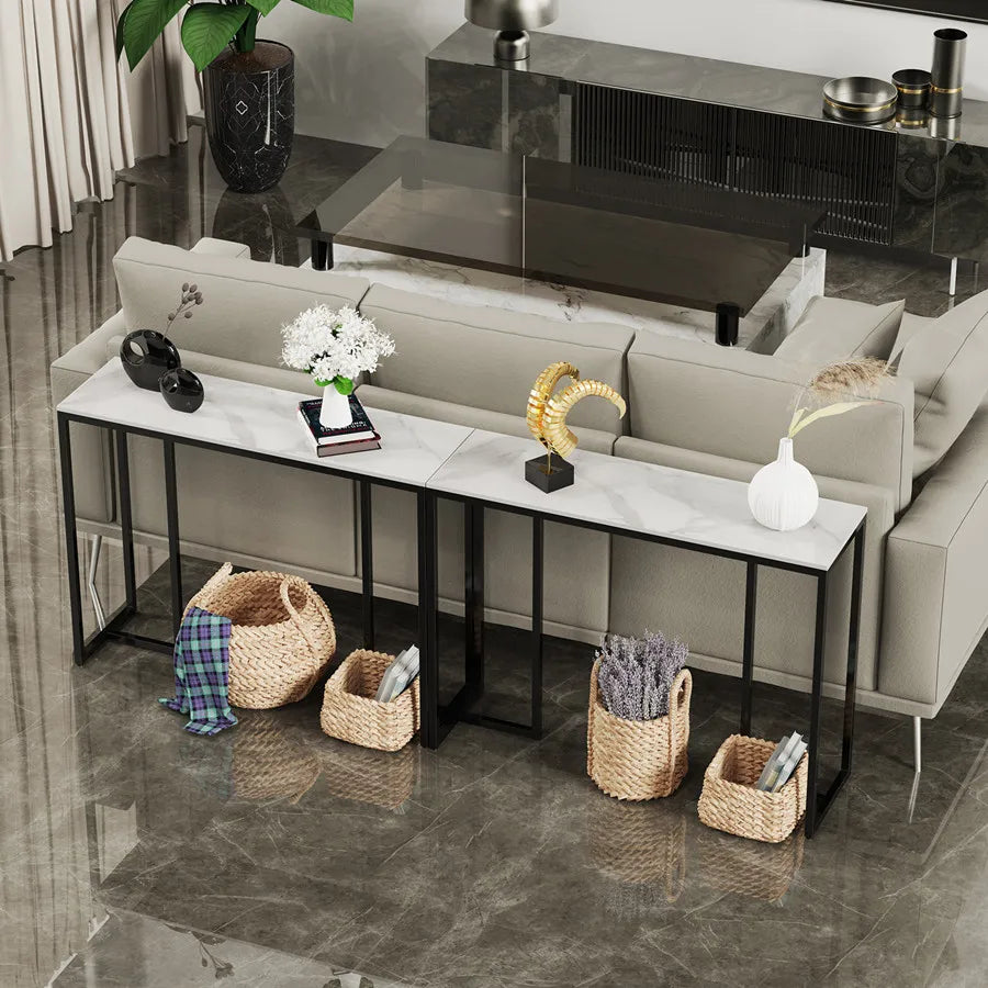 Black Metal Console Table with Storage Shelf Narrow Entryway Sofa Table for Hallway Living Room Use 100x38x78.5cm