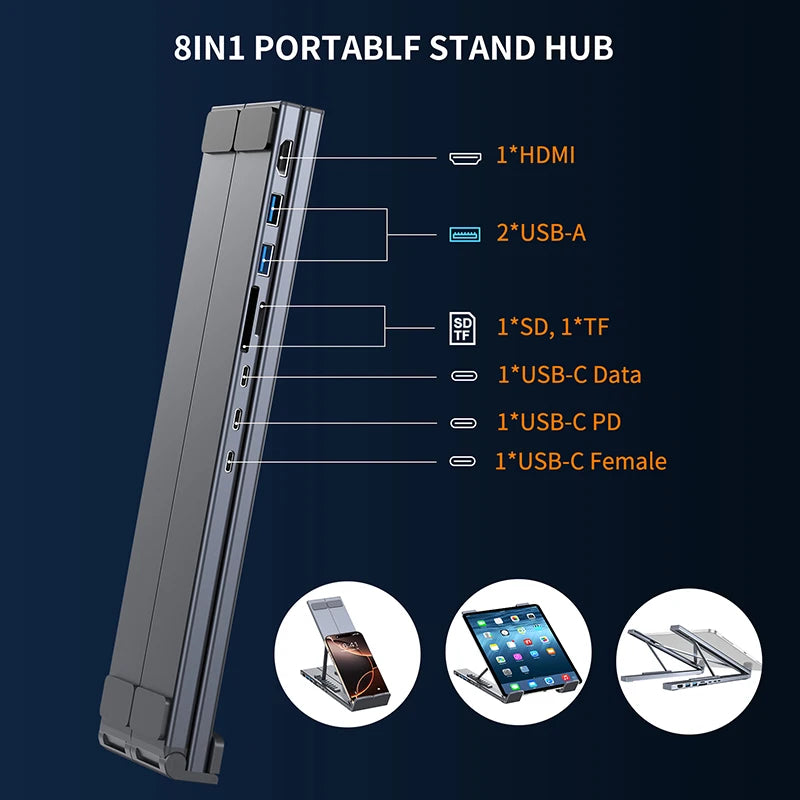 8 in 1 USB C Laptop Docking Station Stand Hub 2 USB 3.1 SD TF Card PD 100W Universal Dock for MacBook Silver 26.6×20.2×14.2cm