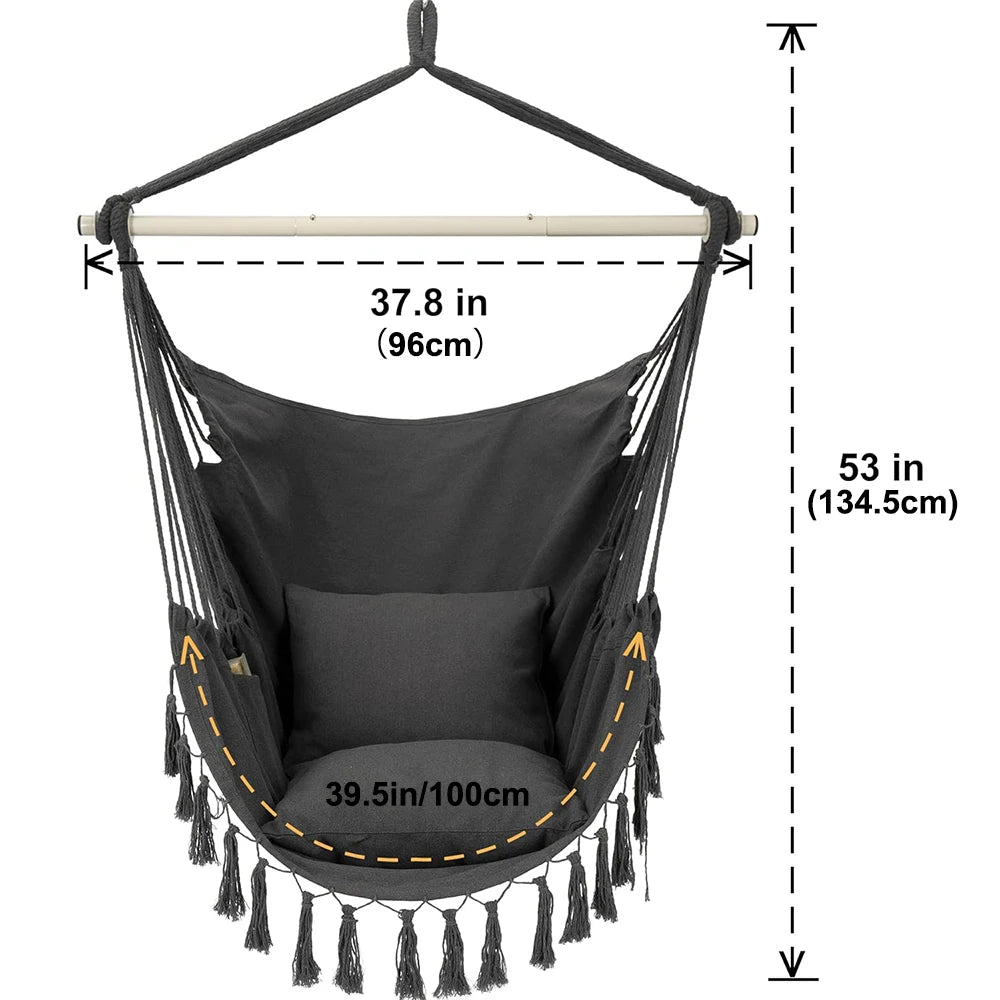 Macrame Hanging Chair Black Cotton Rope Swing with 2 Pillows 226.8 kg Capacity Indoor/Outdoor