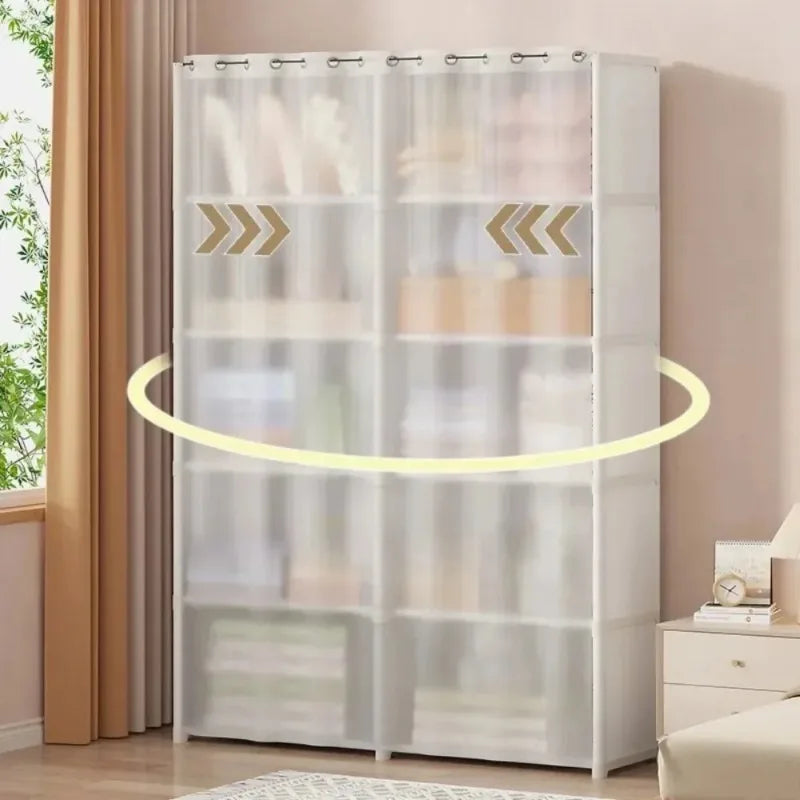 6 Layer Double Portable Clothes Storage Cabinet Wardrobe Organizer Dustproof Closet with Curtains Multifunctional White 80 × 28 × 155cm