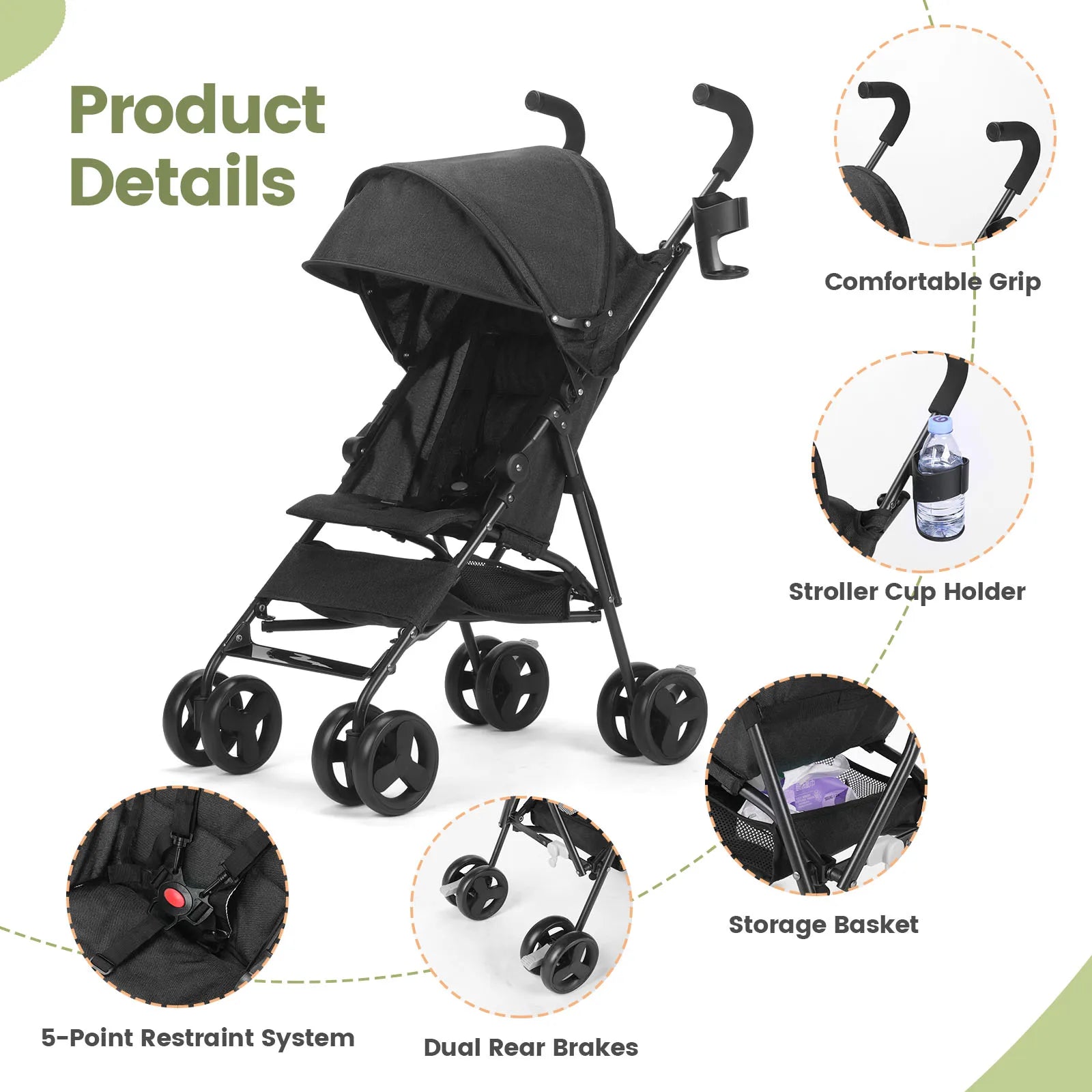 Travel Stroller Lightweight Foldable Portable Pushchair with Reclining Seat, Storage Basket and Canopy Black