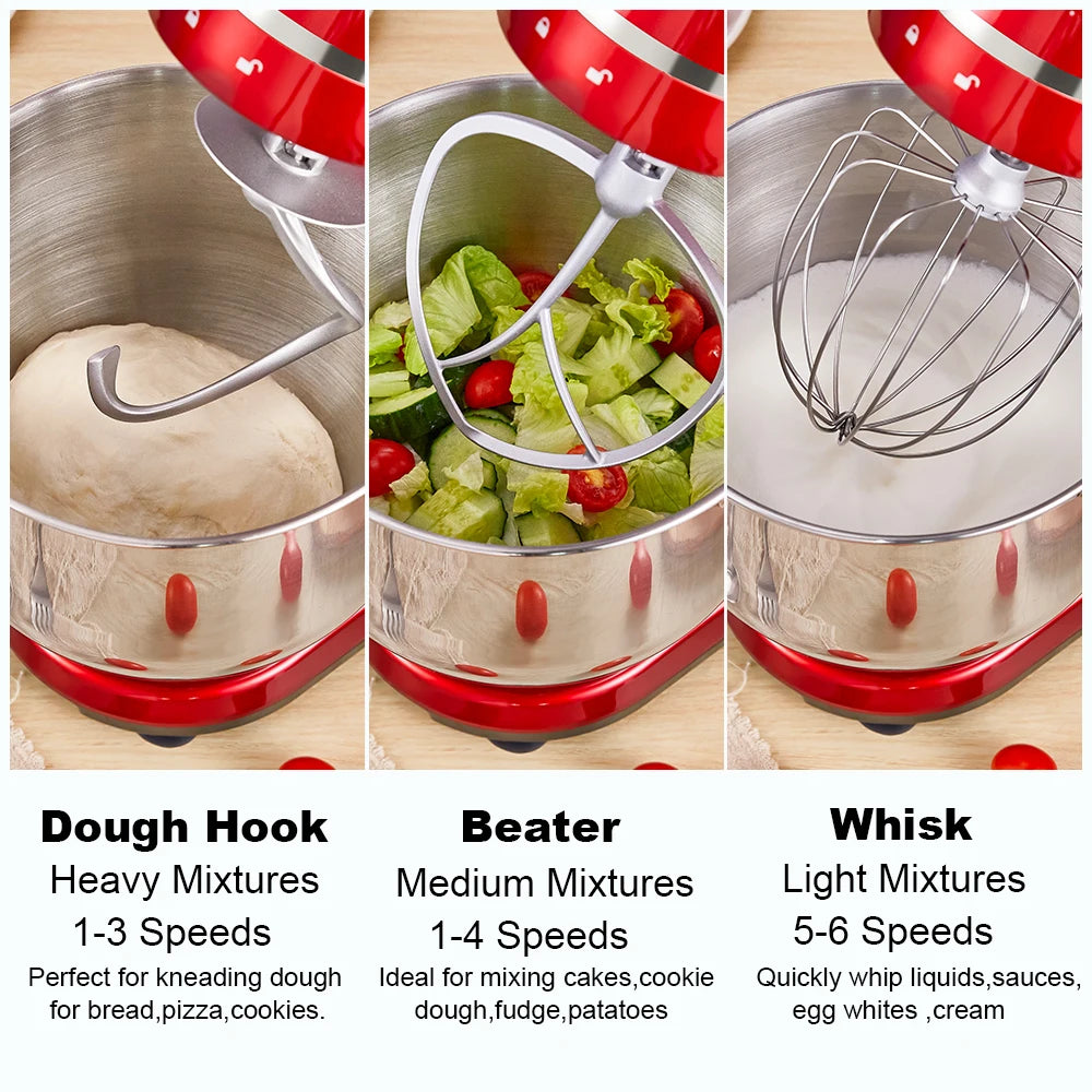 1200W Kitchen Stand Mixer 6L Food Blender Quiet Motor Egg Whisk Dough Kneader 6 Speed Baking Mixer Red BM-601 AU