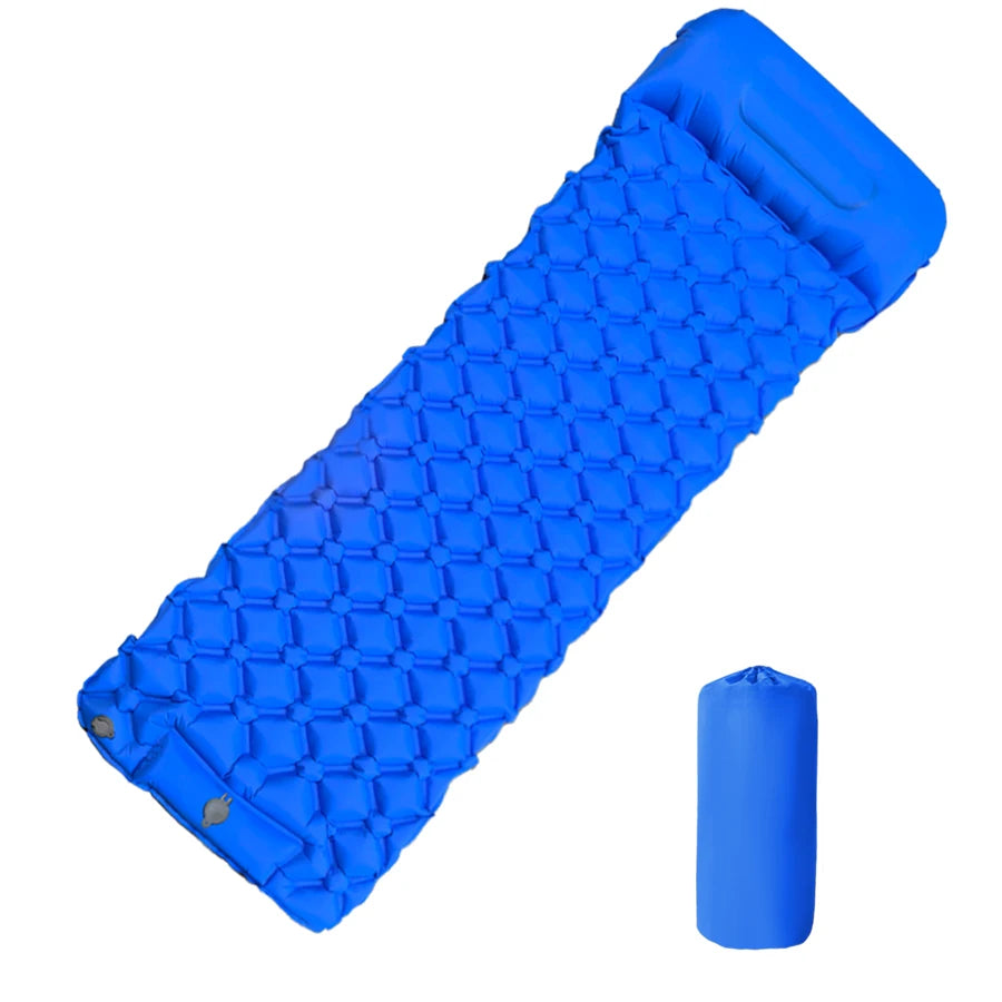 Camping Sleeping Pad Inflatable Air Mattress with Built In Foot Pump and Pillow Ultralight Hiking Mat Blue