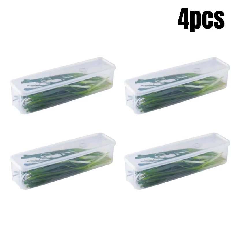 4PCS Refrigerator Storage Boxes with Lids Plastic Fresh Keeping Containers Food Organizer for Scallions Eggs Noodles 25.5 × 7.5 × 5.2cm