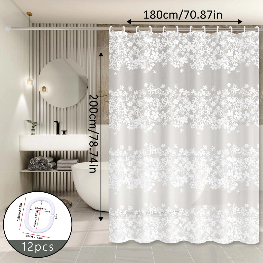 White Flower Shower Curtain Waterproof Bathroom Bath Curtain with Plastic Hooks Bathtub Decor Accessory 180 × 200cm