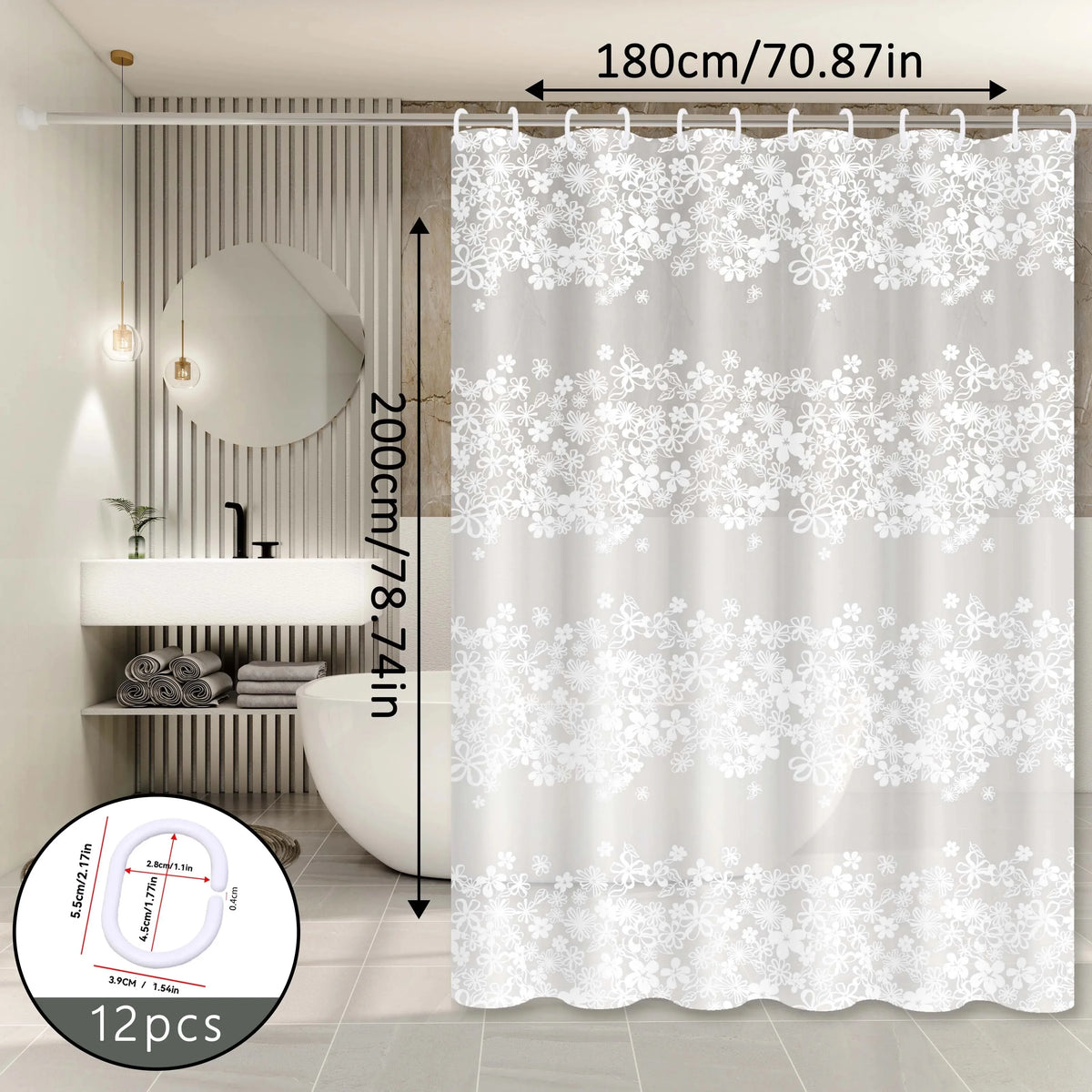 White Flower Shower Curtain Waterproof Bathroom Bath Curtain with Plastic Hooks Bathtub Decor Accessory 180 × 200cm