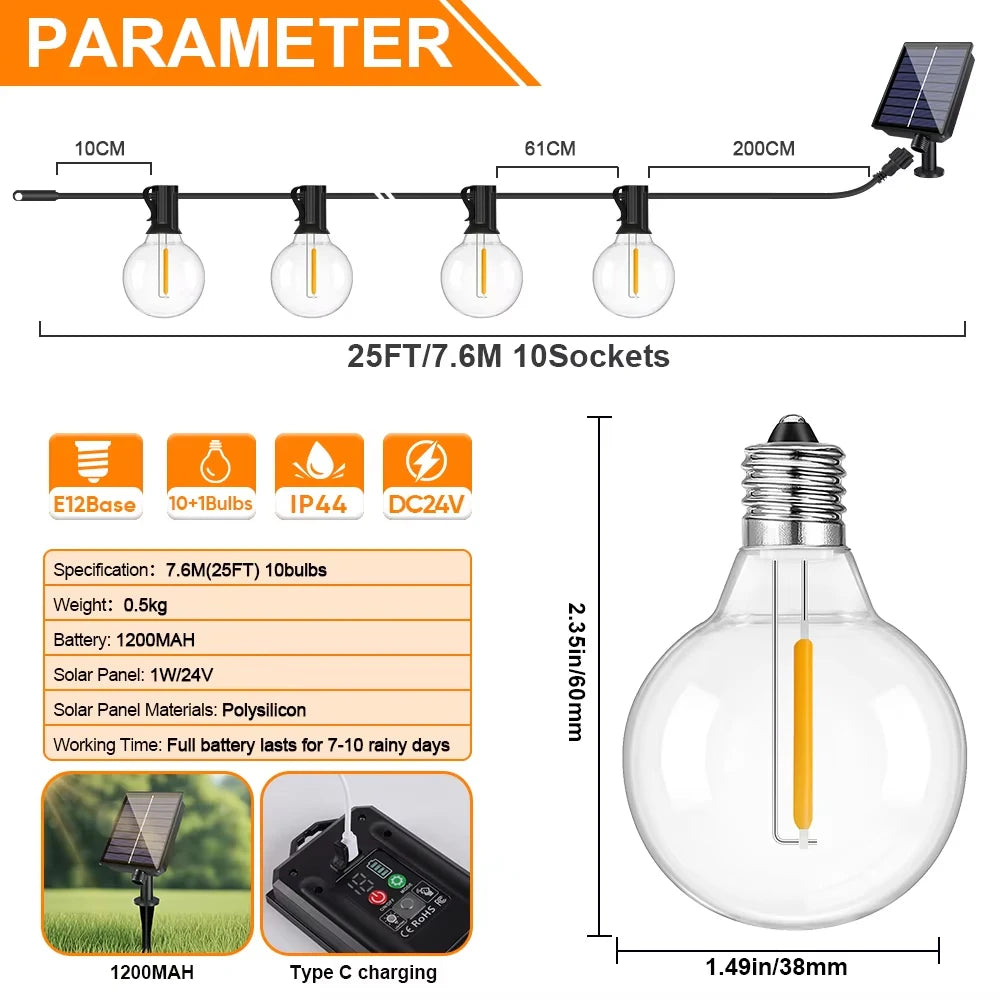 Outdoor Solar String Lights LED Globe Garland Waterproof Garden Hanging Lights for Patio Backyard Cafe 7.6m 10 Bulbs