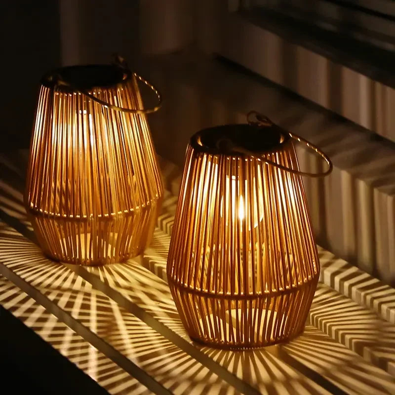 Outdoor Solar Boho Rattan Hanging Lantern Waterproof LED Wicker Lamp 21x16x32cm
