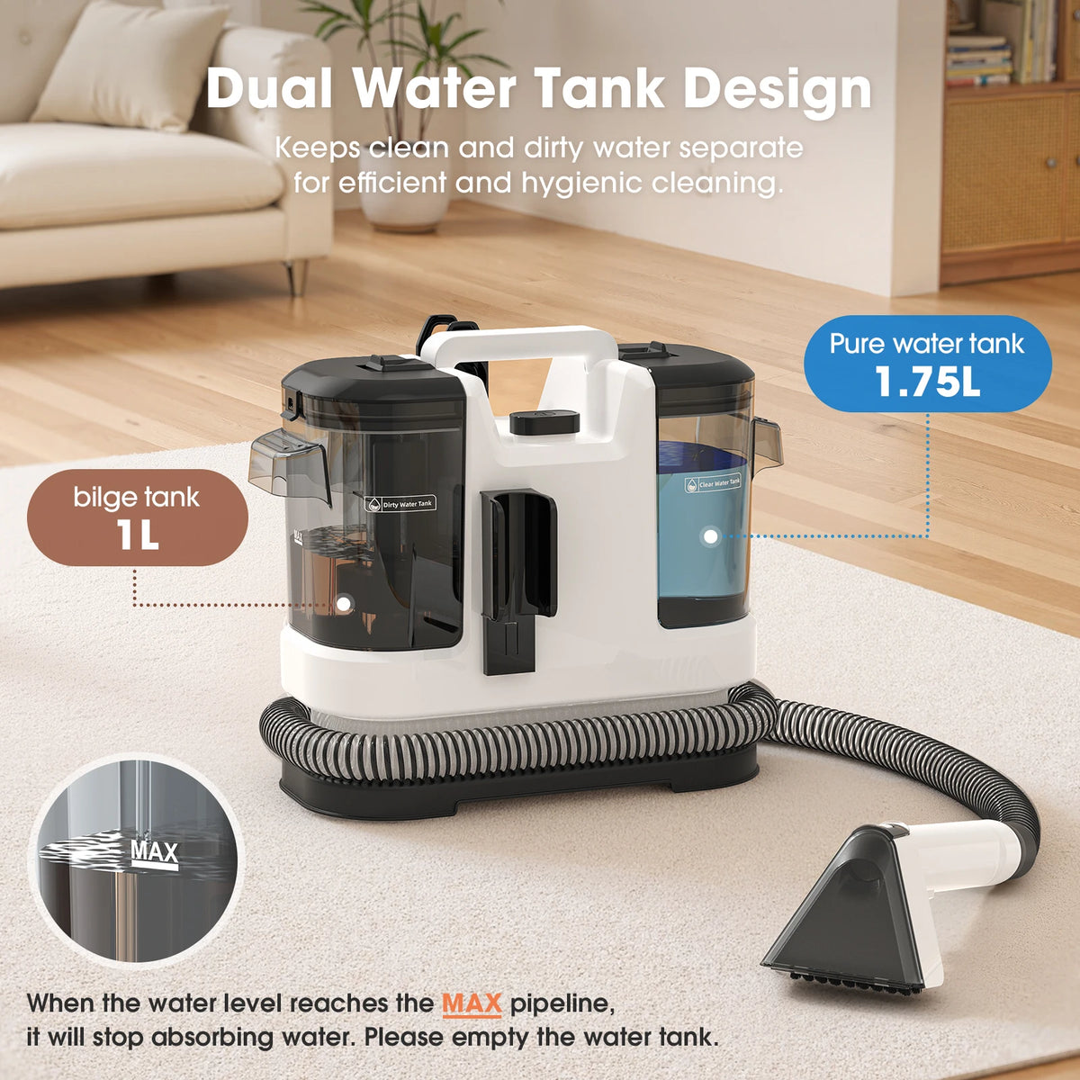 V6 13.5kPa Carpet Cleaner 1.75L Dual Tank Deep Cleaning Machine 5m Cord 1.7m Hose Sofa Mattress Car Seat Black AU