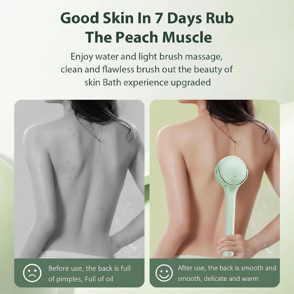 Electric Body Brush Shower Back Scrubber Type C Rechargeable Long Handle Bath Brush 4 Replaceable Heads Hook Green