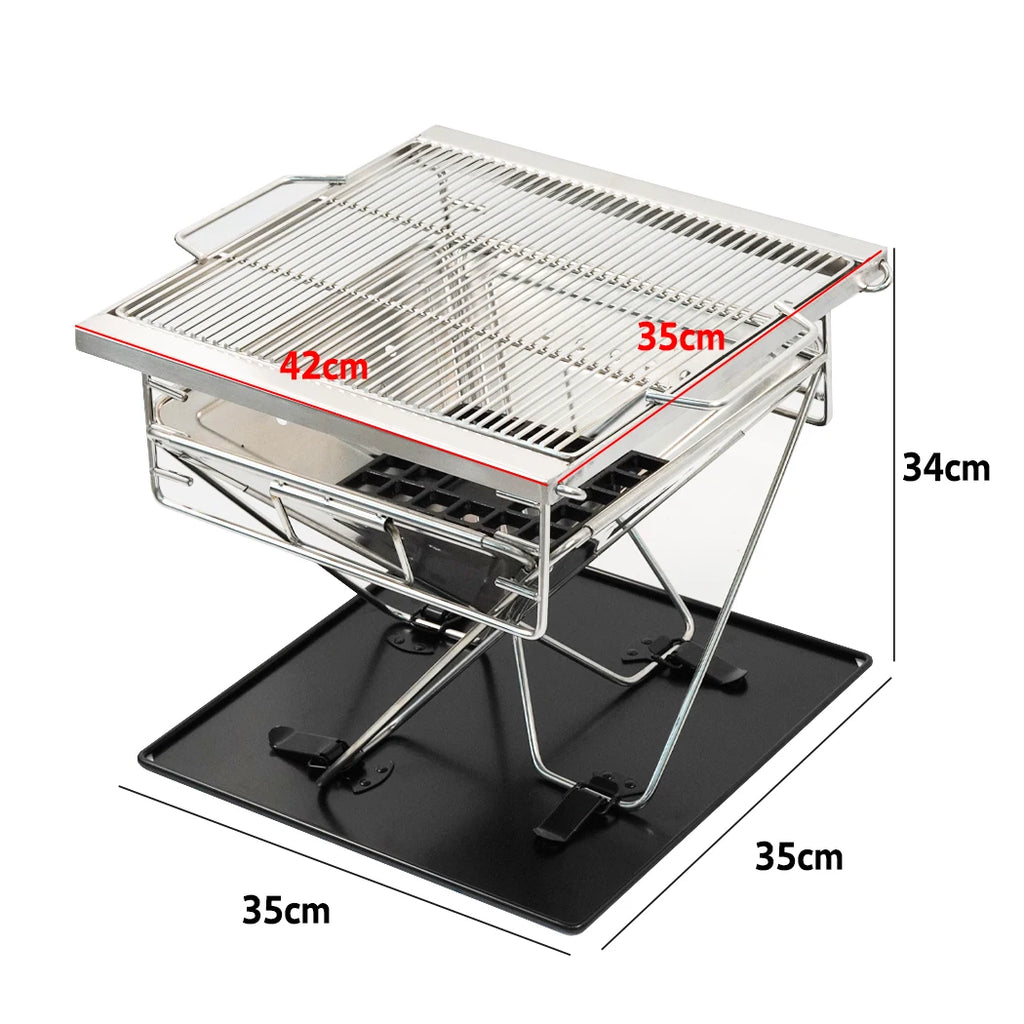 Fire Pit BBQ Grill Portable 2-in-1 Stainless Steel Charcoal Smoker Stove for Camping Outdoor Cooking 42x35x34cm