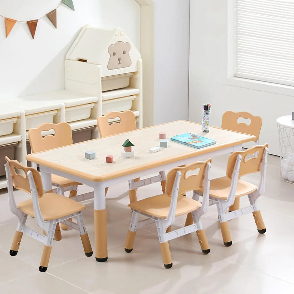 Activity Table and 6 Chairs Set Height Adjustable Study Desk with Graffiti Desktop Non Slip Legs Beige 120x60x48-60cm