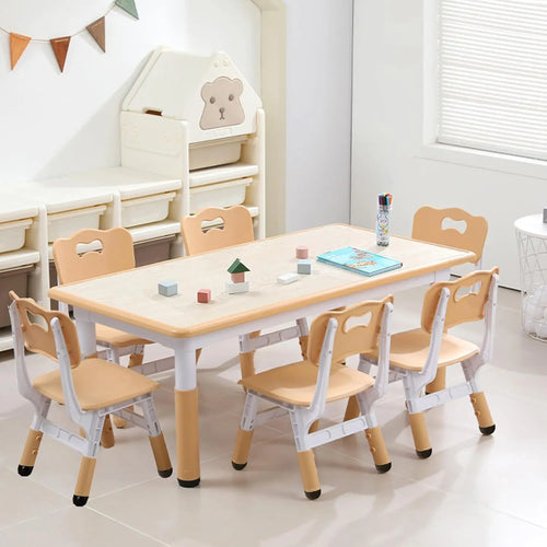 Activity Table and 6 Chairs Set Height Adjustable Study Desk with Graffiti Desktop Non Slip Legs Beige 120x60x48-60cm