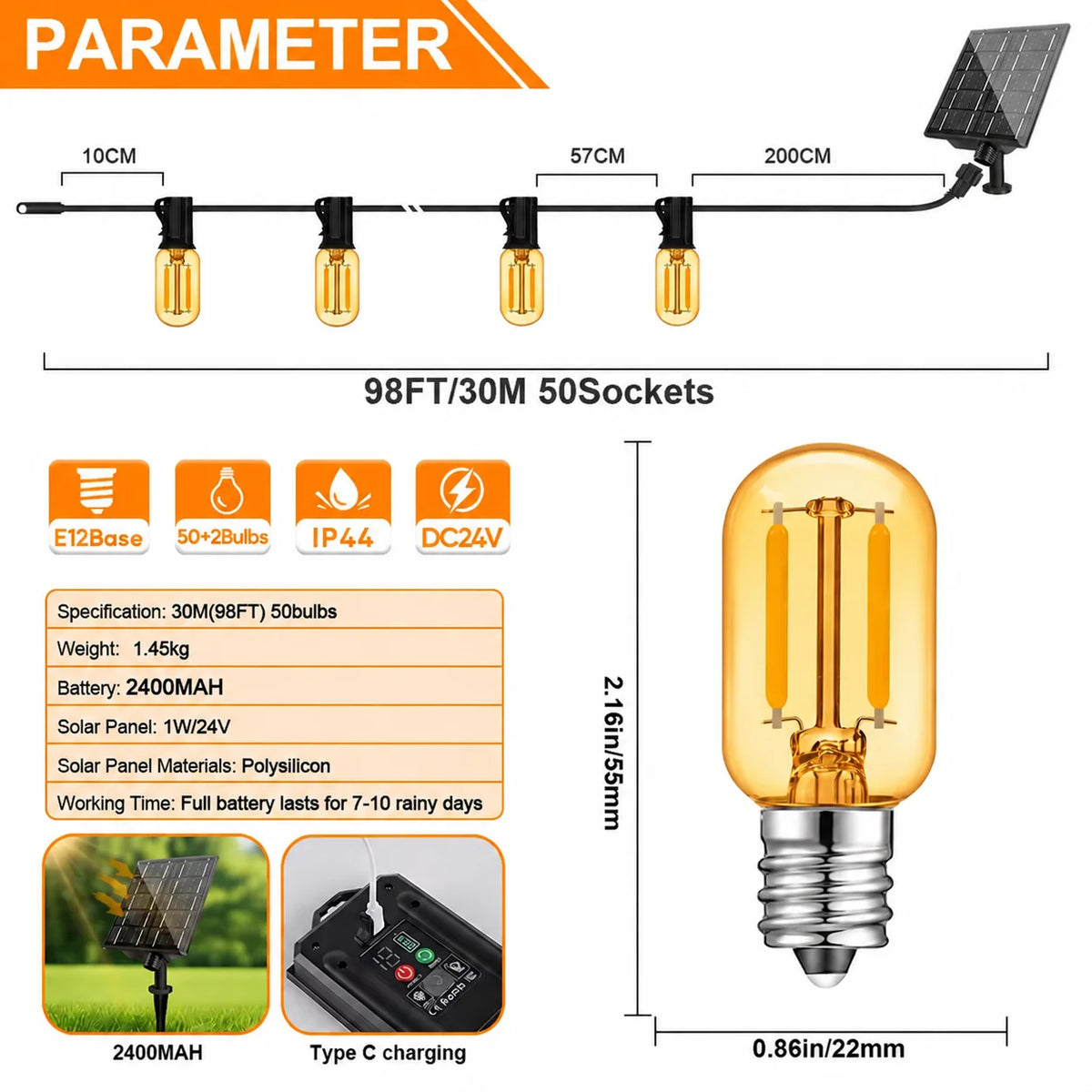 Outdoor Solar String Lights E12 Glass T22 Amber LED Retro Bulbs Waterproof Patio Garden Backyard Bistro 30m 50 Bulbs