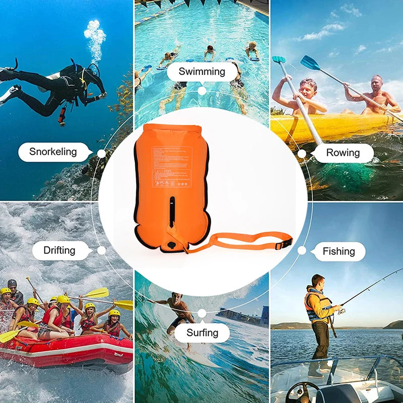 20L Inflatable Swimming Buoy Double Airbag Tow Float Water Sport Swim Safety Buoy Dry Bag Pool Training Orange