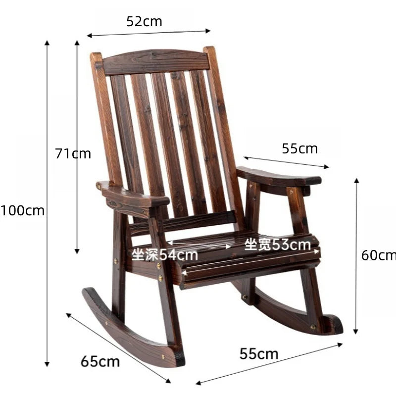 Solid Wood Rocking Chair Outdoor Patio Recliner Weather Resistant Lounge Chair for Garden Porch Balcony Carbonized 65 × 55 × 100cm