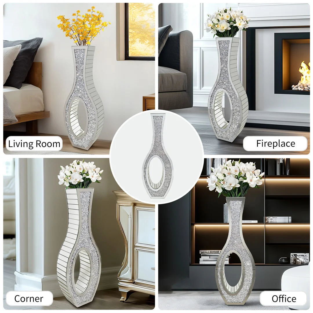 Floor Vase Mirrored Silver Crystal Decorative Flower Vase
