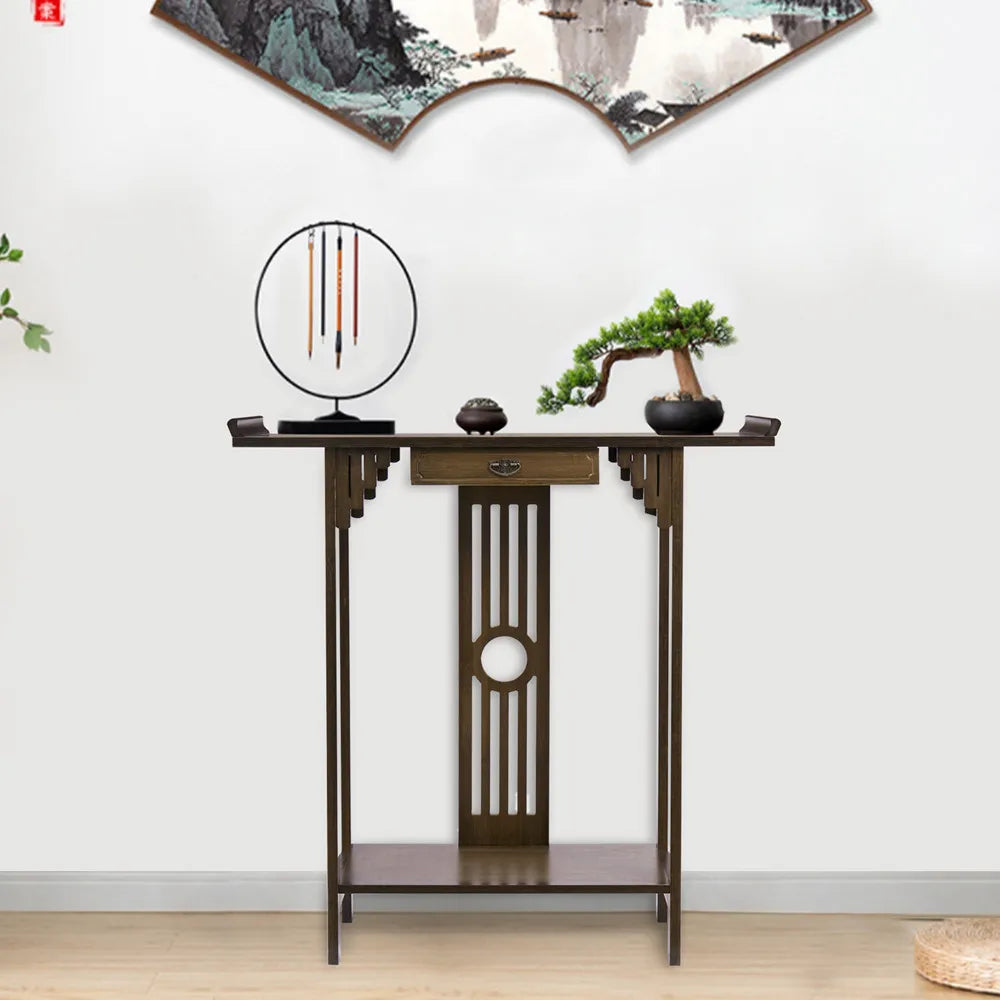 Wood Console Table 81.5x31.2x82.8cm with Drawer and Shelf Brown Entryway Hall Table Living Room