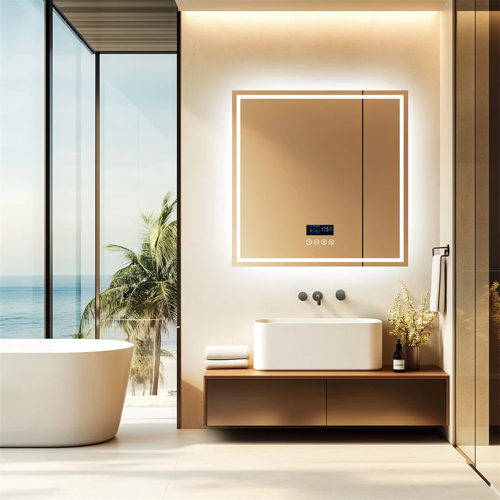 Bathroom Mirror 32 Inch Square LED Bluetooth Speaker Vanity Mirror 80x80cm