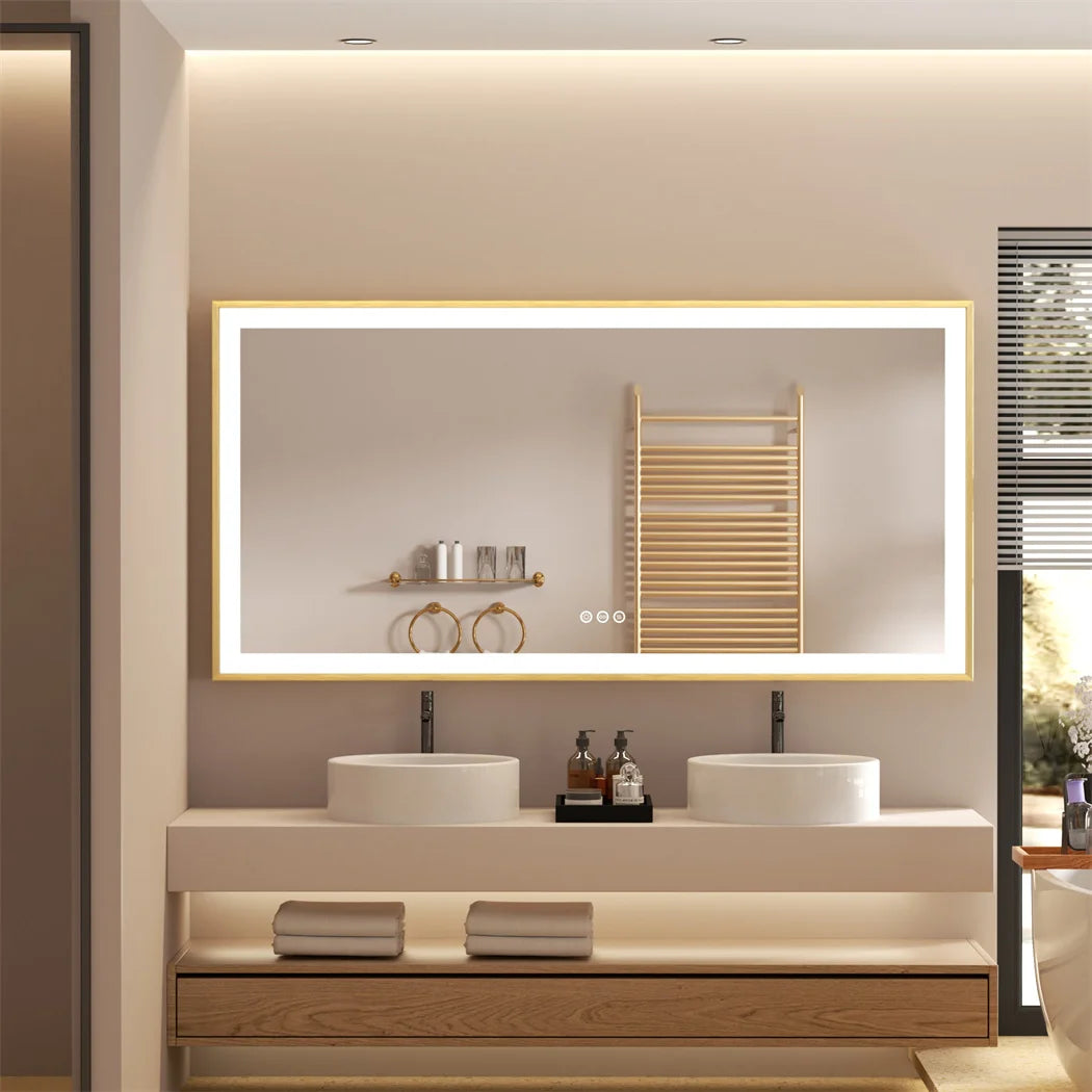 Illuminated LED Bathroom Mirror 60x100cm Gold Frame Anti Fog 3 Color Dimming Wall Mounted Vanity Mirror