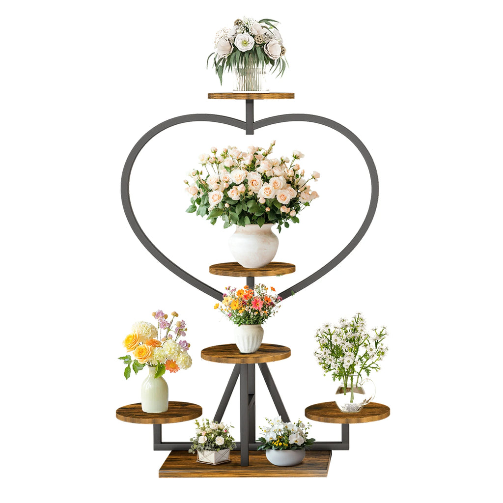 Flower Display Rack Multi-Layer Heart-Shaped Plant Stand Indoor/Outdoor Floral Stand Suitable for Living Room and Balcony Black & Brown 45x24x105cm