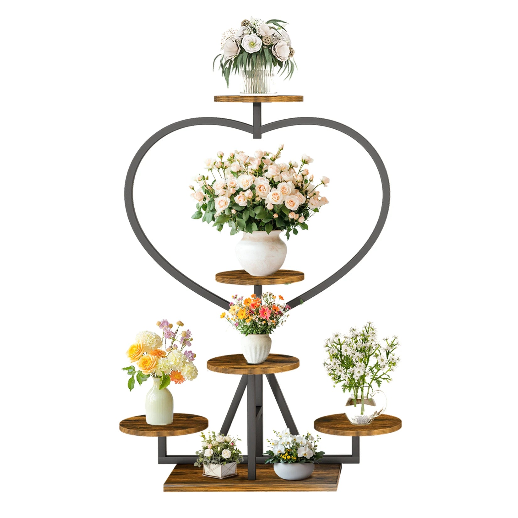 Flower Display Rack Multi-Layer Heart-Shaped Plant Stand Indoor/Outdoor Floral Stand Suitable for Living Room and Balcony Black & Brown 45x24x105cm