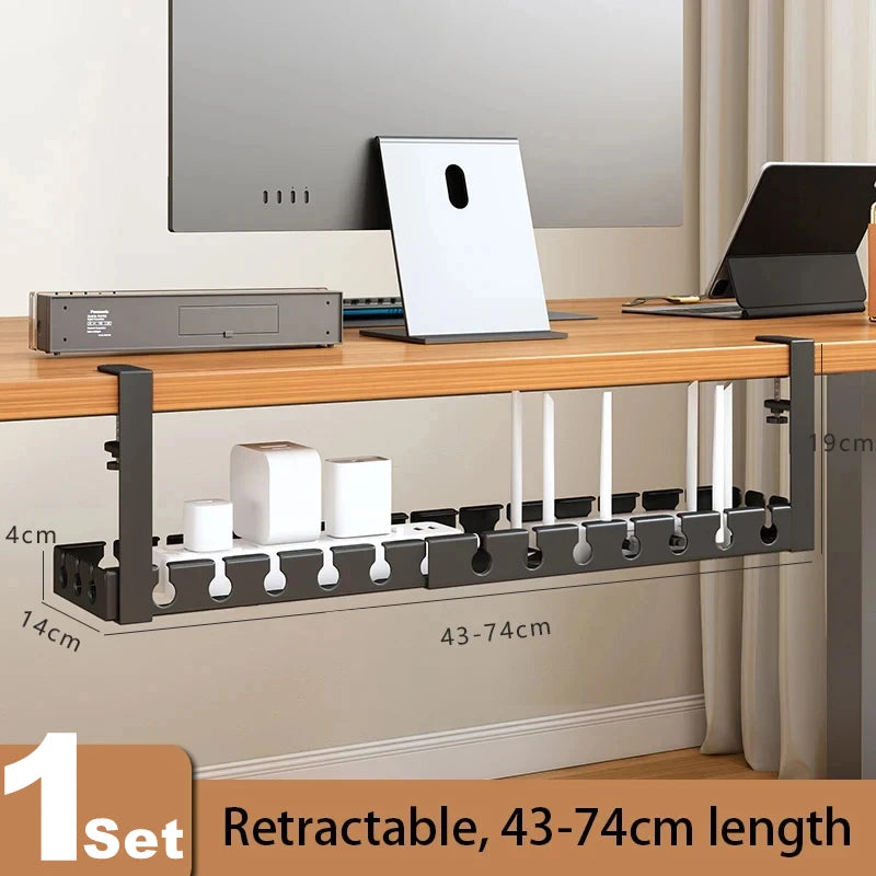 Retractable Under Desk Storage Rack No Drill Metal Cable Management Tray Wire Organizer Power Strip Holder Home Office 43-74×14×19cm
