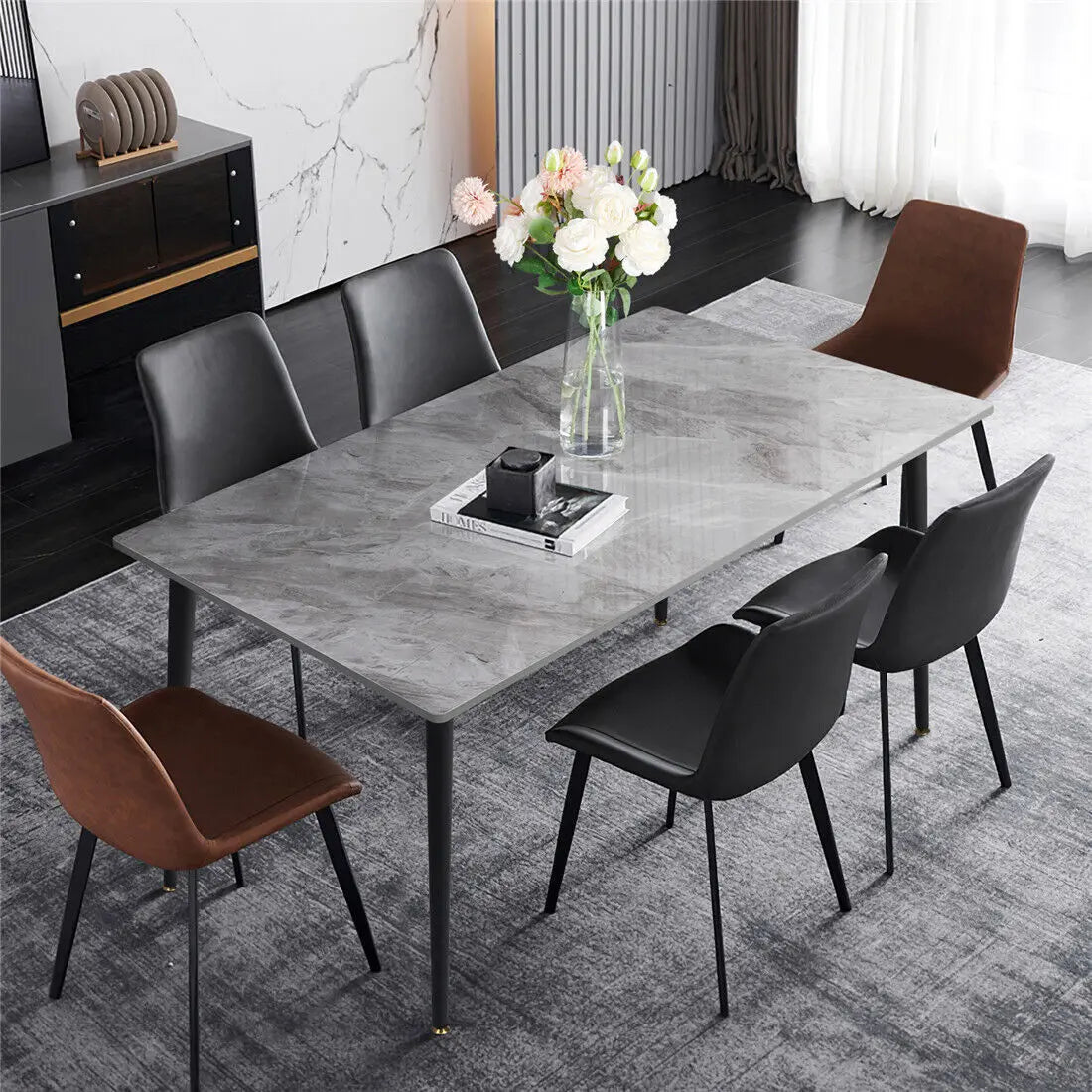 High Gloss Marble Dining Table 4-6 Seat Rectangular Kitchen and Restaurant Table Grey 120 × 70 × 76cm