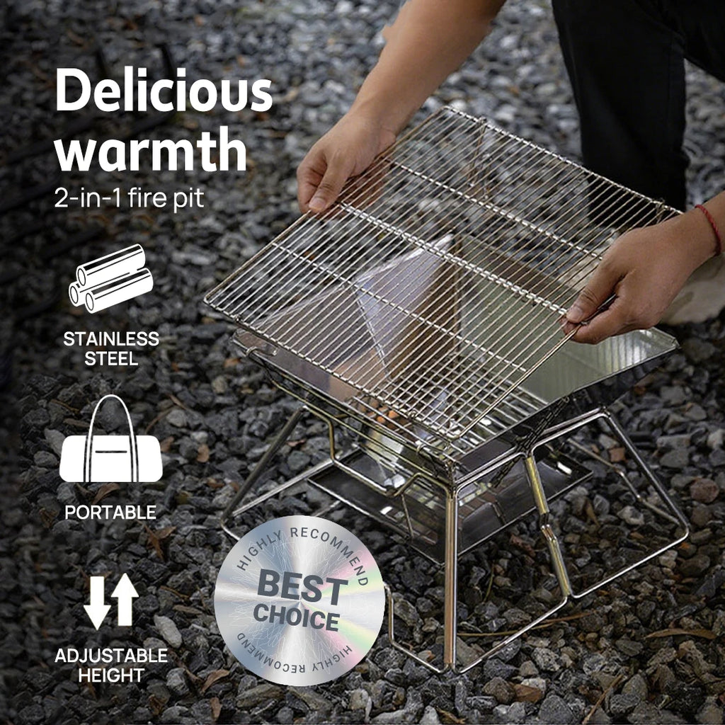 Fire Pit BBQ Grill 2-in-1 Portable Stainless Steel Camping Stove Outdoor Cooking Grill for Picnic Backyard Use 36cm×36cm×27cm
