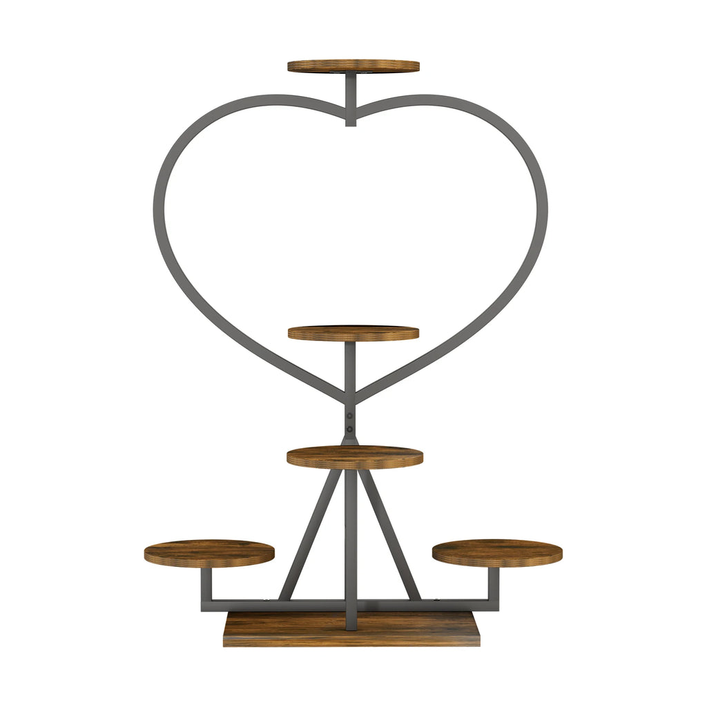 Flower Display Rack Multi-Layer Heart-Shaped Plant Stand Indoor/Outdoor Floral Stand Suitable for Living Room and Balcony Black & Brown 45x24x105cm