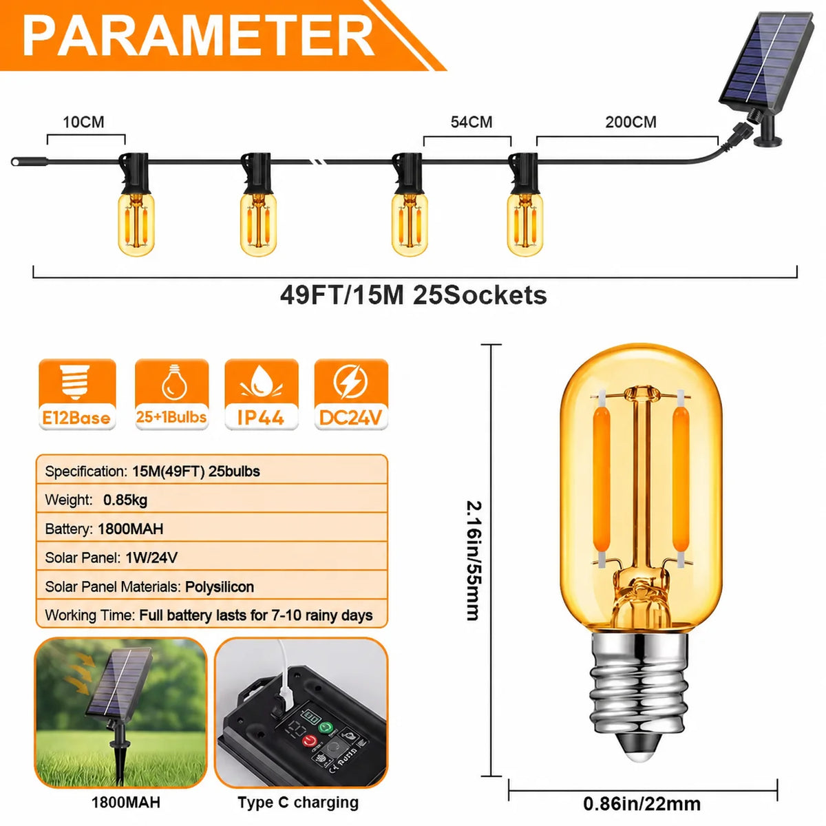 Outdoor Solar String Lights E12 Glass T22 Amber LED Retro Bulbs Waterproof Patio Garden Backyard Bistro 15m 25 Bulbs