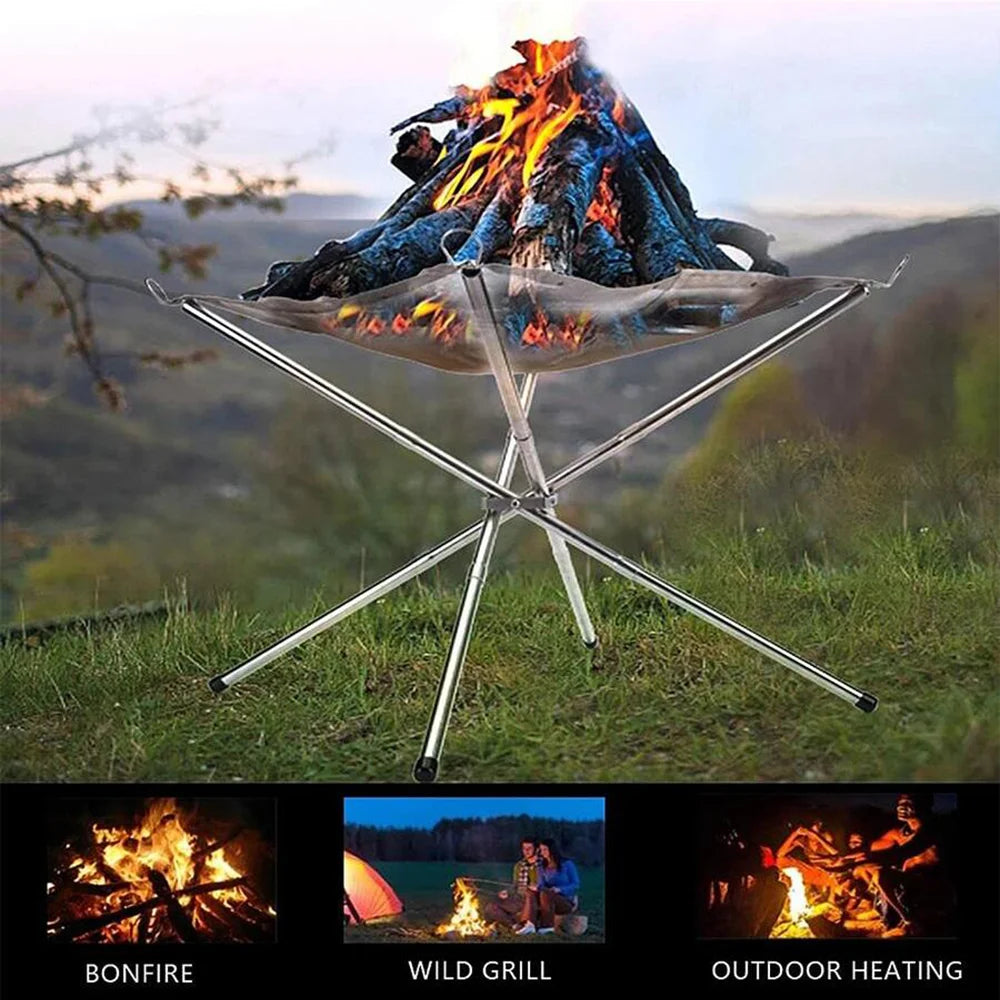 Portable Fire Pit Grill Foldable Stainless Steel Camping BBQ Rack Mesh Bonfire Stand 42x42x34cm