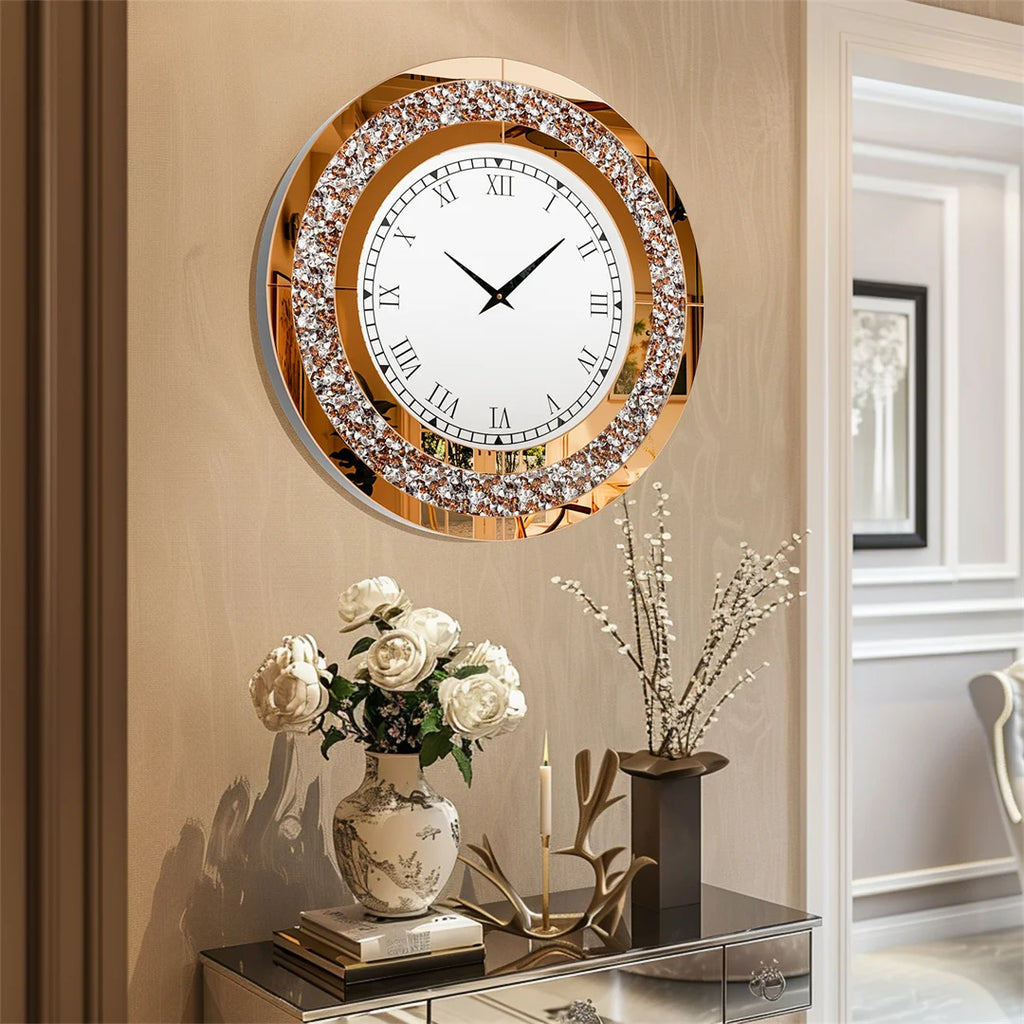 Mirror Wall Clock 60cm Crystal Crush Diamond Round Decorative Clock Tawny Tinted Bling Wall Clock